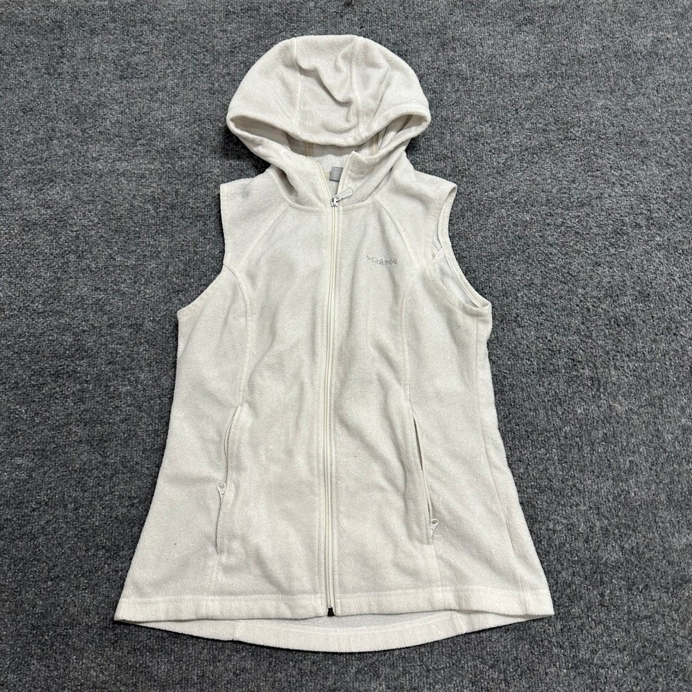 Columbia Fleece Vest Womens Size S White Hooded Full Zip Sleeveless Jacket Soft
